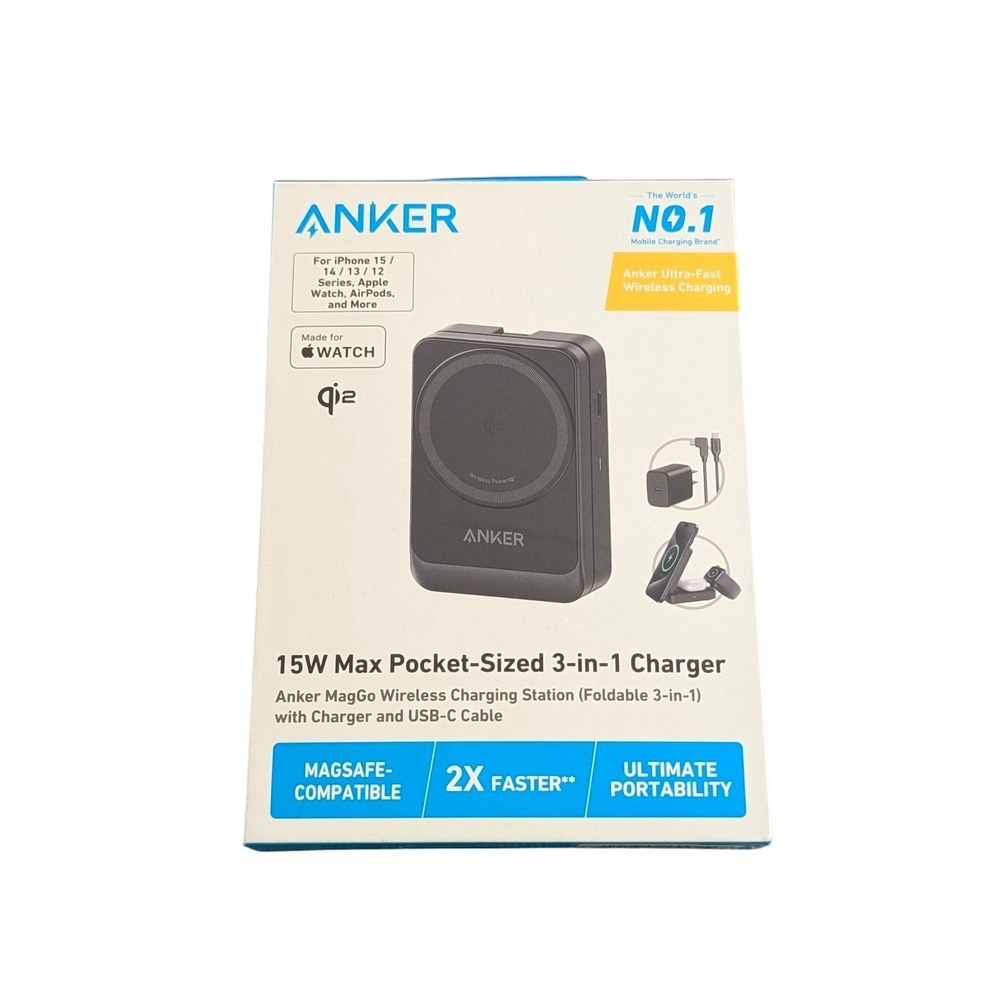 Oo7U Anker  MagGo 15W Qi2 Foldable Pocket-Sized 3-in-1 Magsafe‎ Charger Black